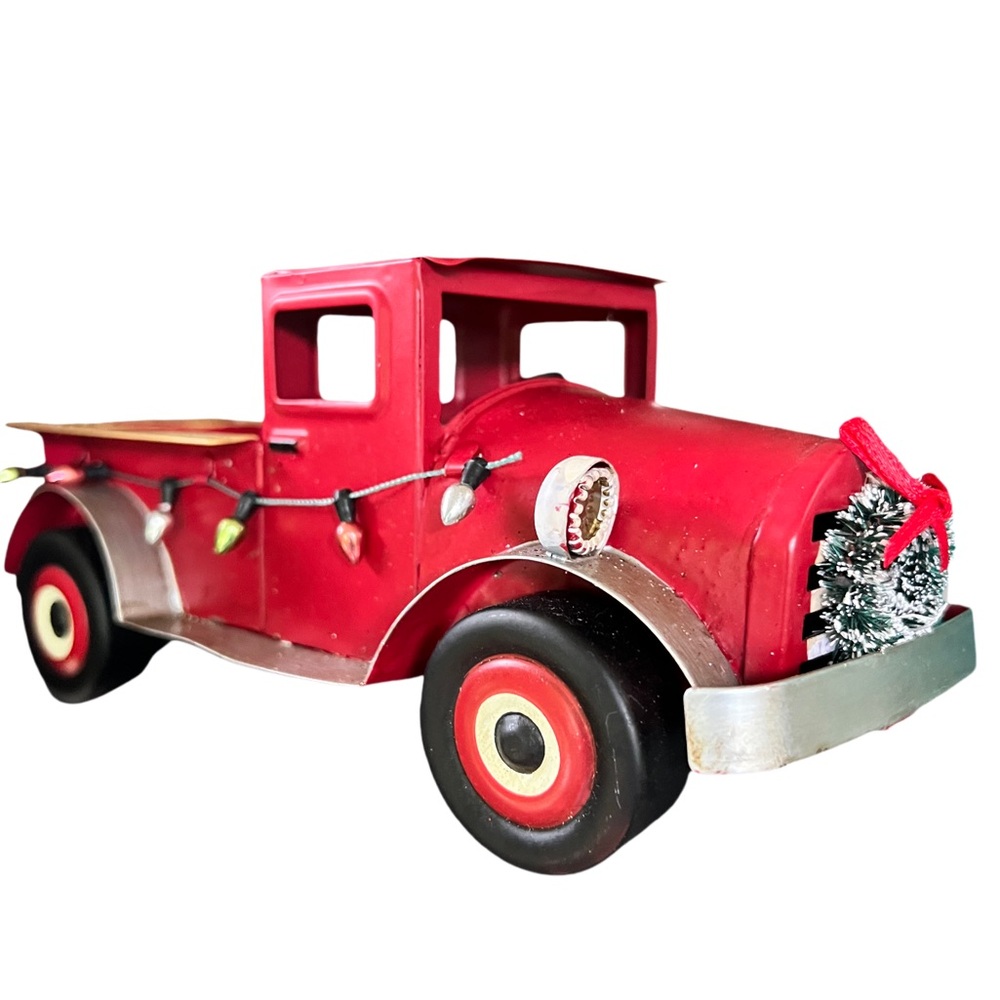 Classic Retro Red Metal Truck with Festive Accents (not a toy)